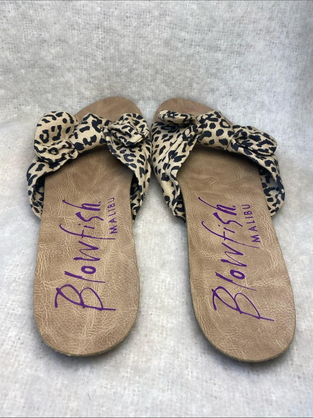 Blowfish Leopard Bow Slide Sandals - Beige & Black Size 9.5